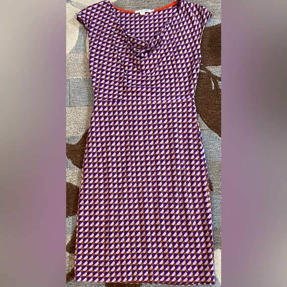 Boden Geometric Cowl Neck Knee Length Sheath Dress in Purples and Brown - Picture 2 of 8